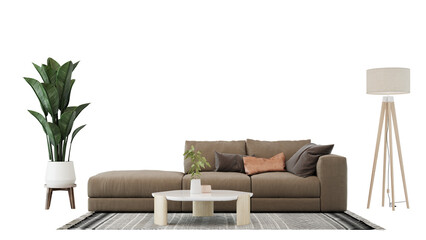 Interior furniture set 3D render. Living room house floor template background mockup design , isolated on transparent background