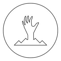 Scary human hand from ground silhouette dead man's Halloween decorative element zombie concept spooky clawed paw sharp nails bony arm fingers man undead icon in circle round black color vector 