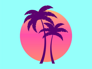 Fototapeta na wymiar Two palm trees against a gradient sun in the style of the 80s. Summer time. Synthwave and retrowave style. Design for advertising brochures, banners, posters, travel agencies. Vector illustration