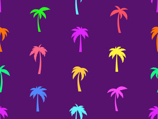 Palm trees seamless pattern. Summer time, tropical pattern with colorful palm trees on violet background. Design for printing t-shirts, banners and promotional items. Vector illustration