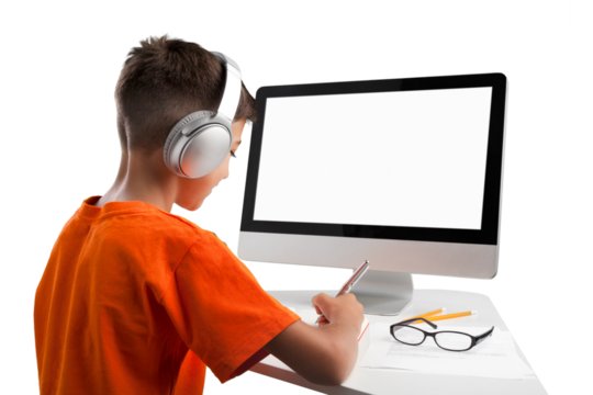 Child self doing homework at the home with a laptop