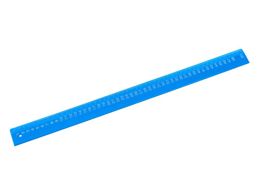 Bright blue cutter's ruler 50 cm long. Hobby and sewing tools. Isolated on white background.