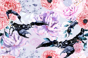Seamless pattern of rose blooming flowers and scorpion with watercolor.Designed for fabric luxurious and wallpaper, vintage style.Floral pattern.Seamless pattern of poisonous animals.