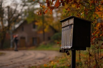 Metal mailbox stands outdoors on the background of lush autumnal foliage