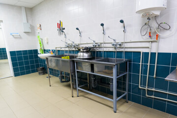 Restaurant kitchen equipment for preparing food, meal, plates, detail.