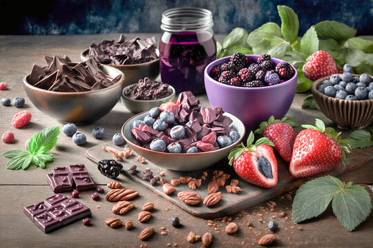 Group of food high in antioxidant consisting nuts, berries, dark chocolate. Created with Generative AI technology.