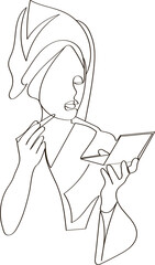beautiful girl with a towel on her head looks at herself in the mirror and does makeup. Abstract Linear Silhouette on White. Modern Line Drawing for Glamour Logo Minimal Style