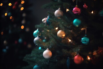 Fototapeta na wymiar Christmas Tree With Colorful Decorations. Christmas Eve. Generative AI