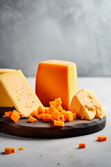 Cheddar cheese slices on a wooden board.