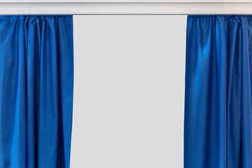 Parted bright blue curtains on the cornice with space for text isolated on gray.