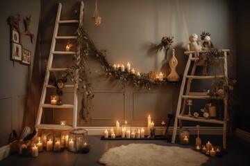 Fireplace With Candles And Flowers In Room With Ladder And Shelf. Christmas Eve. Generative AI
