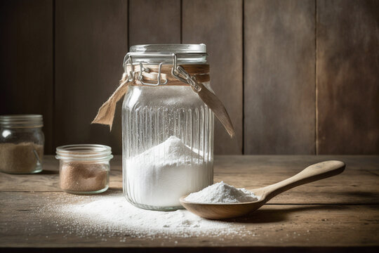 Sodium bicarbonate or baking soda in jar with ladle on wooden table. Created with Generative AI technology.