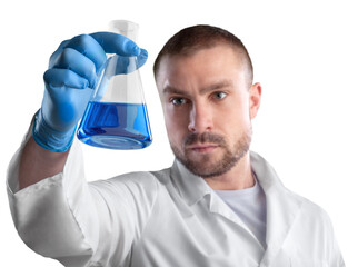 Scientist man with liquid in researcher test tube