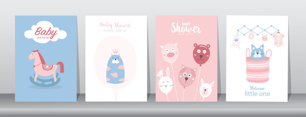 Fototapeta na wymiar Set of happy birthday, holiday, baby shower celebration greeting and invitation card.Cute animals design.Vector illustrations.