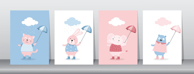 Set of happy birthday, holiday, baby shower celebration greeting and invitation card.Cute animals design with umbrella.Vector illustrations.