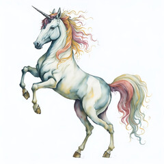 Obraz na płótnie Canvas watercolor painting of a unicorn, reared up, isolated on white