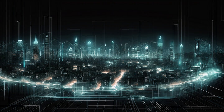 city background, lights and connections, futuristic