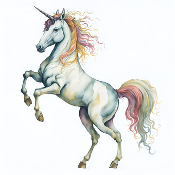 watercolor painting of a unicorn, reared up, isolated on white
