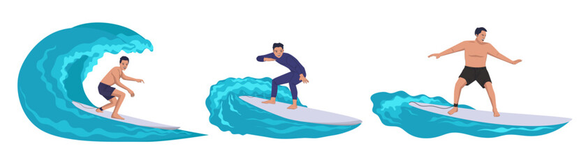 people are surfing in the sea with various styles. cartoon characters.