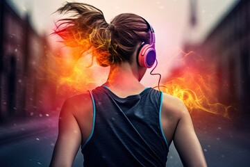 Female runner from the back with headphones burning calories with a cardio workout and flames around her - Generative AI