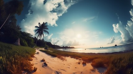 Vacation destination with a wide angle white sand beach view. This eco tourism spot offers relaxation, coastal scenery, and romantic escapes in a tropical paradise. Generative AI