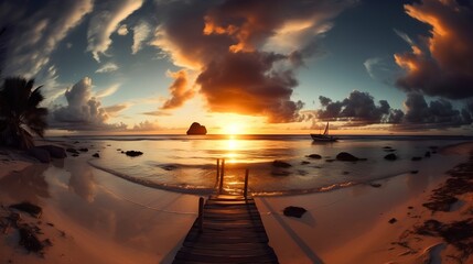 Vacation destination with a wide angle white sand beach view. This eco tourism spot offers relaxation, coastal scenery, and romantic escapes in a tropical paradise. Generative AI