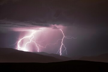 Dramatic image of a stormy sky above a mountain range, illuminated by a brilliant lightning bolt
