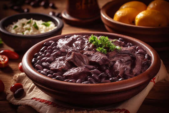 FEIJOADA: typical and traditional food of Brazilian cuisine, served with rice, farofa, orange, pepper and cabbage. generative ai