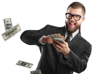 Happy young businessman throwing out dollar money