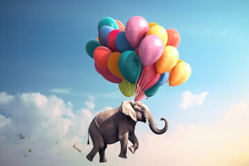 A surreal and dreamy landscape featuring an elephant flying with whimsical balloons in a glade full of flowers and grass. This creative and surreal image is AI Generative.