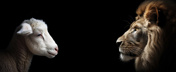 Profile of Lion and Lamb Isolated on Black Background. AI generative - obrazy, fototapety, plakaty