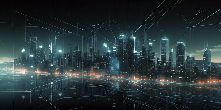 city background, lights and connections, futuristic