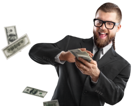 Happy young businessman throwing out dollar money