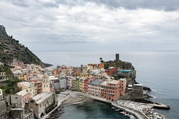 Aerial view of Cinque Terre National Park Italy coastline hills village vineyards sea