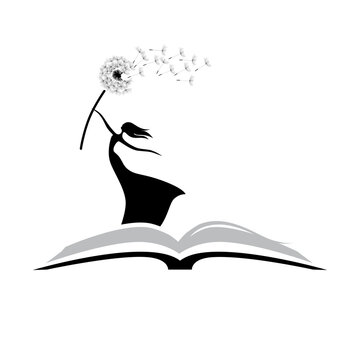open book and lady with dandelion flower