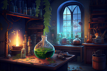 Magic alchemical laboratory wizard room Generative AI
