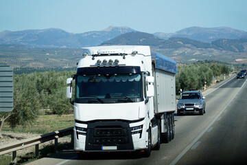 Truck on a highway - front view, mountains on second plan