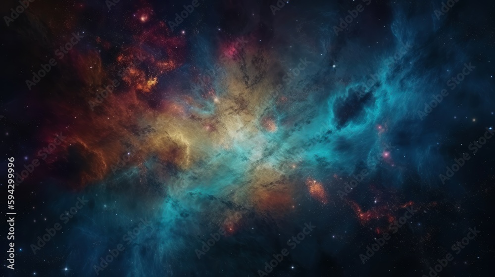 Poster dramatic space view moving through universe galaxies stars and nebulae. generative ai