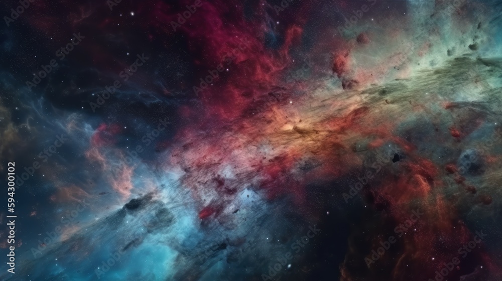 Poster dramatic space view moving through universe galaxies stars and nebulae. generative ai