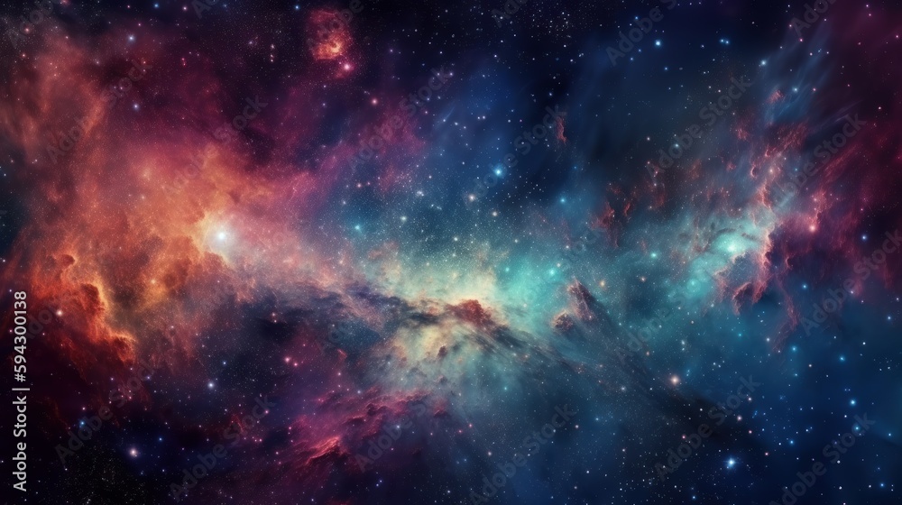 Poster dramatic space view moving through universe galaxies stars and nebulae. generative ai