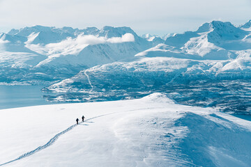 Ski alpinist looking the view on the Lyngen Alps, Norway  © scottiniroberto