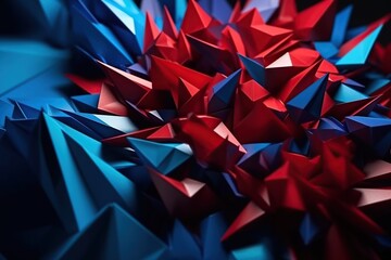 Polygonal blue and red abstract with spiky connection structure made with generative AI