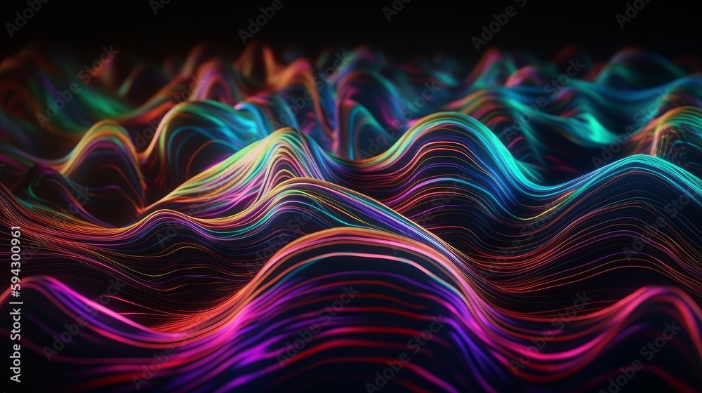 Poster Abstract fluid iridescent holographic neon curved wave in motion colorful background 3d render. Generative ai