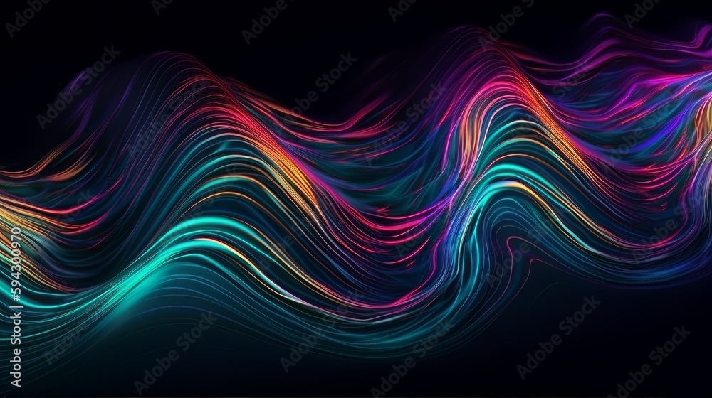 Poster Abstract fluid iridescent holographic neon curved wave in motion colorful background 3d render. Generative ai