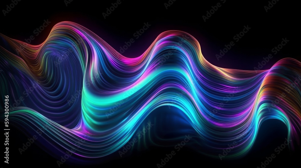 Poster abstract fluid iridescent holographic neon curved wave in motion colorful background. generative ai