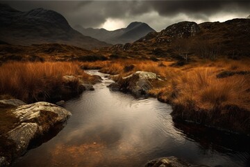 A Stream Running Through A Lush Green Field Under A Cloudy Sky Scottish Loch Landscape Photography Landscape Photography Generative AI