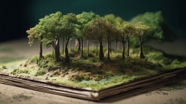 Abstract green trees and ground in book earth day. Generative AI