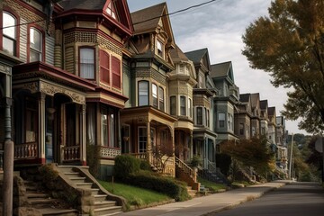 A Row Of Houses With A Steeple And A Staircase Leading Up To The Second Floor Historic Home Color Photography Home Insurance Generative AI