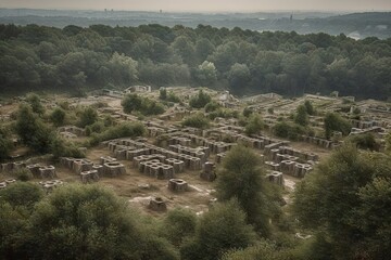 A Large Group Of Stone Structures In A Forest Area With Trees Ancient Greek Temple Ruins Land Art Archaeology Generative AI