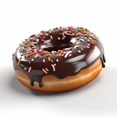 Tasty donuts covered in chocolate and colorful sprinkles on a white background